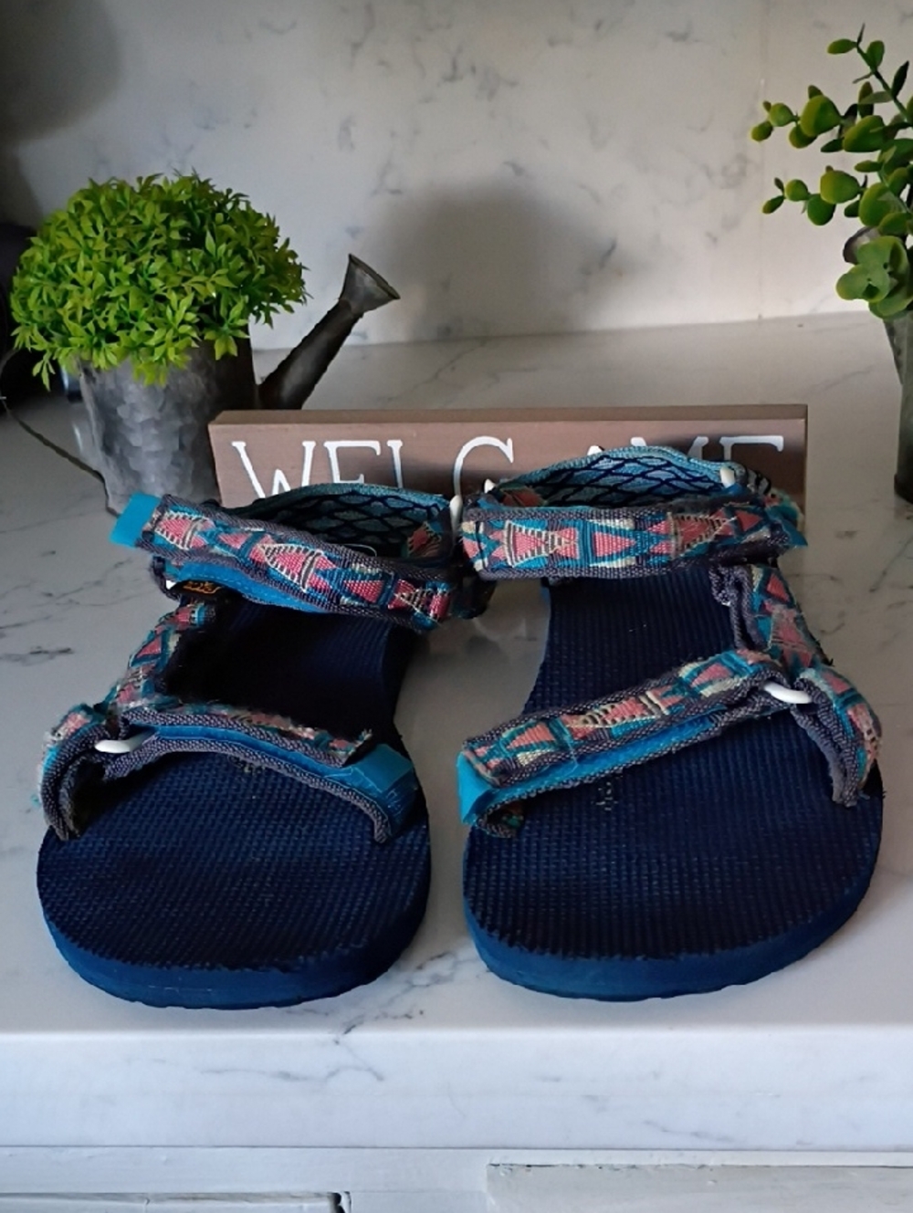 Navy Blue Adjustable Strap Sandals with Aztec Print